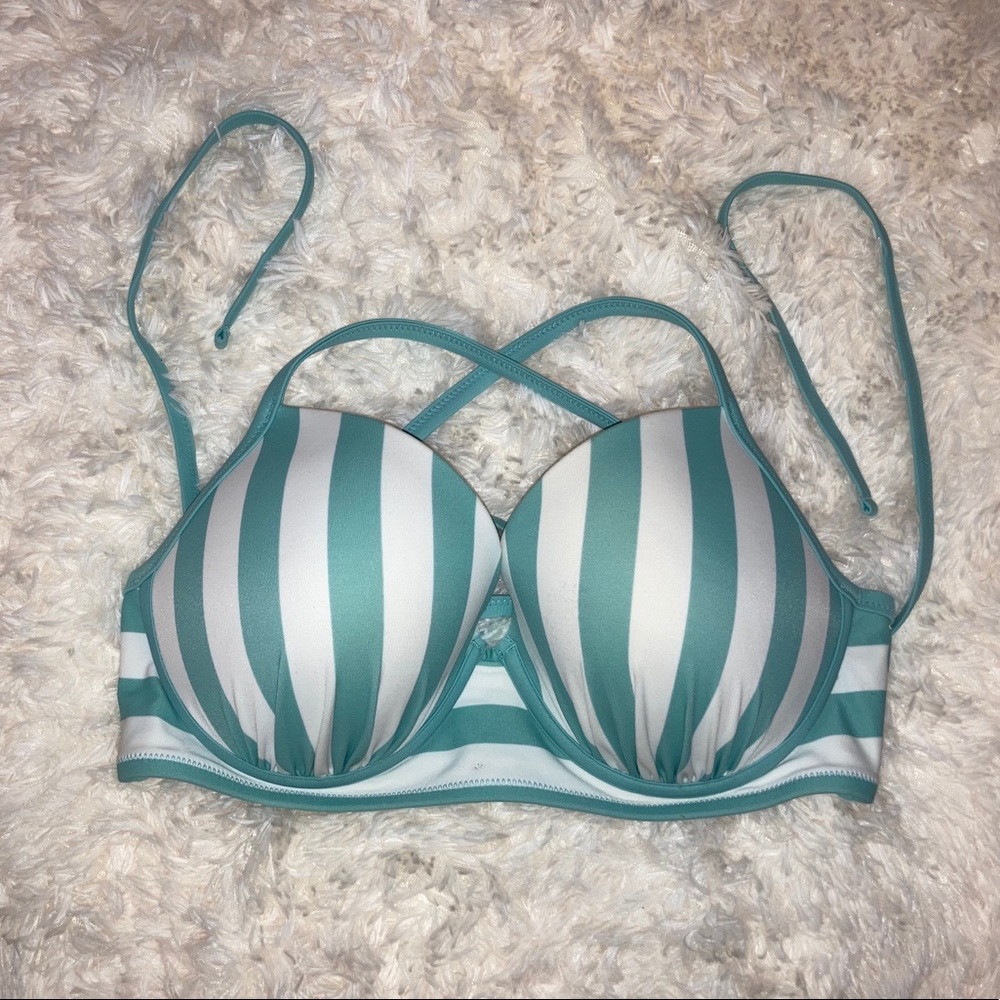 Blue and white striped swim suit top